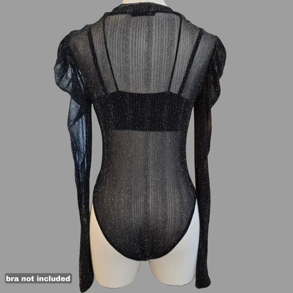 Shien Black Shimmery Puff Sleeve Mesh One Piece Bodysuit Sz Small - Picture 2 of 8
